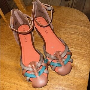 Rampage Tan and Blue Ankle-Strap Sandals with Bow Details